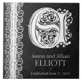 E Monogram "White Lace on Black" Wedding Tegel Tegeltje