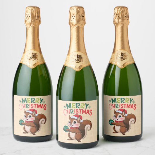 Eaël-kerstcureuil met kerstbal sparkling wijnetiket (Flessen)