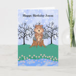 Eager Beaver Birthday for Son Kaart<br><div class="desc">Verjaarkaart voor je zoon, als je ver van huis bent, of in een andere stad woont. Het ontwerp is een schattige Beaver die zijn zoon vasthoudt, op een boomstam zit. De kaart bevat ook bomen, bloemen en een vijver, allemaal geïllustreerd, of met de hand getekend. De woorden op de kaart...</div>