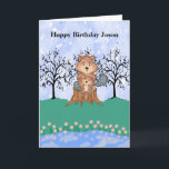 Eager Beaver Birthday for Son Kaart<br><div class="desc">Verjaarkaart voor je zoon, als je ver van huis bent, of in een andere stad woont. Het ontwerp is een schattige Beaver die zijn zoon vasthoudt, op een boomstam zit. De kaart bevat ook bomen, bloemen en een vijver, allemaal geïllustreerd, of met de hand getekend. De woorden op de kaart...</div>