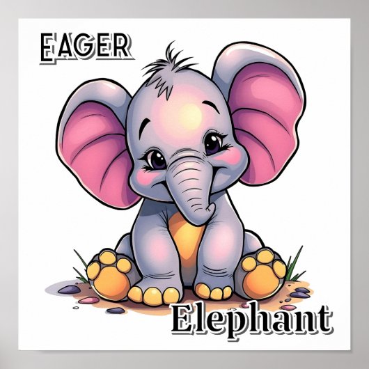 Eager Elephant  | Cute Cartoon Kid's Nursery Art Poster (Voorkant)