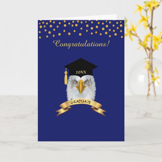 Eagle afstuderen feliciteert gouden en blauwe vis kaart (Gele Bloem)