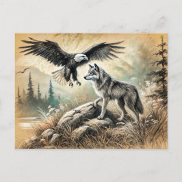 Eagle and Wolf in Wild Landscape Briefkaart