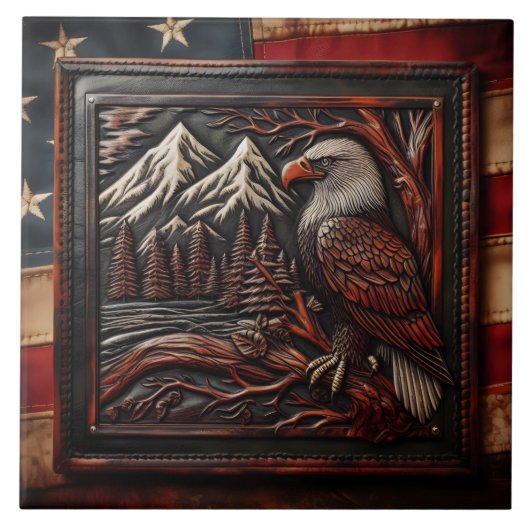 Eagle Carving met berg achtergrond Tegeltje (Voorkant)