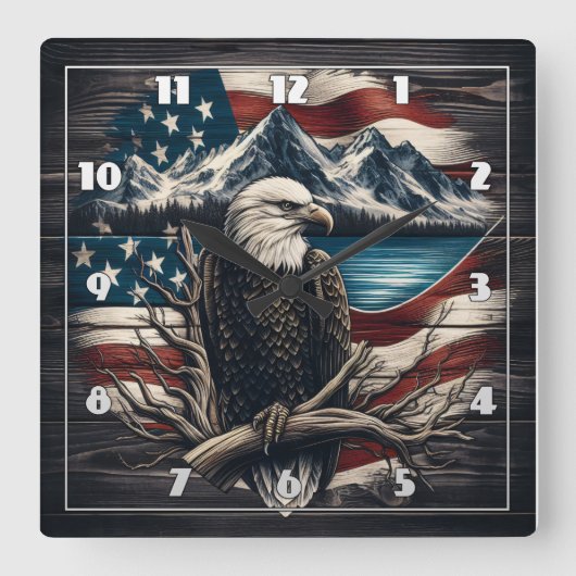 Eagle embleem over de berg en de Amerikaanse vlag Vierkante Klok (Voorkant)