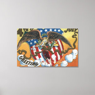 Eagle Emblem Holding Fireworks, Flag-Shield Canvas Afdruk