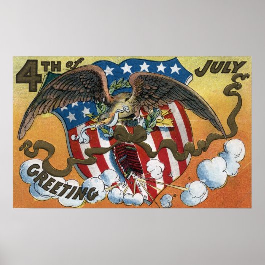 Eagle Emblem Holding Fireworks, Flag-Shield Poster (Voorkant)