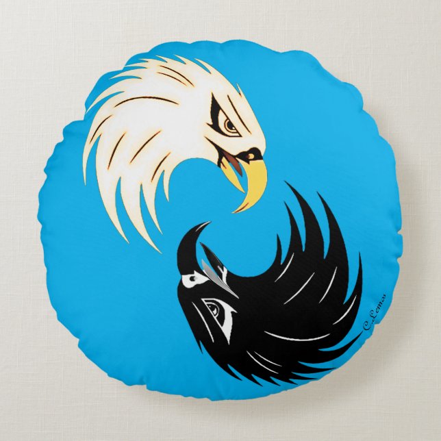 "Eagle Eye" Ronde Kussen - Blauw (Voorkant)