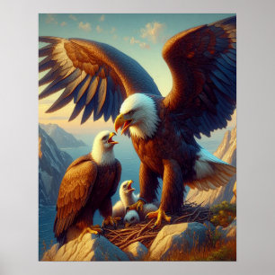 Eagle familie nestelen op een klif tijdens 16x20 poster