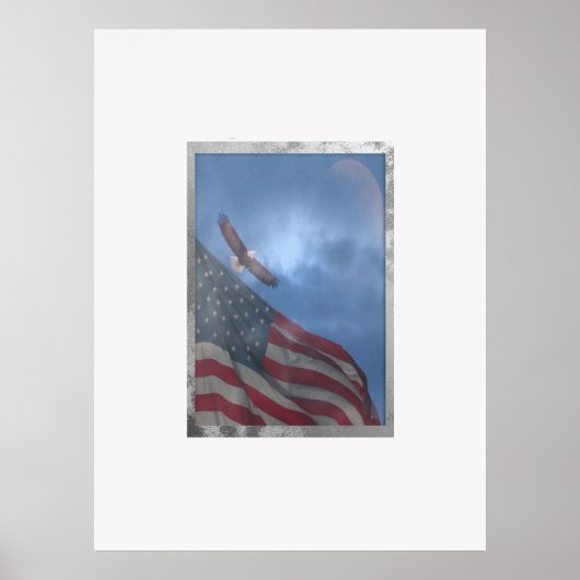 Eagle Flying with Moon and American Flag Poster (Voorkant)