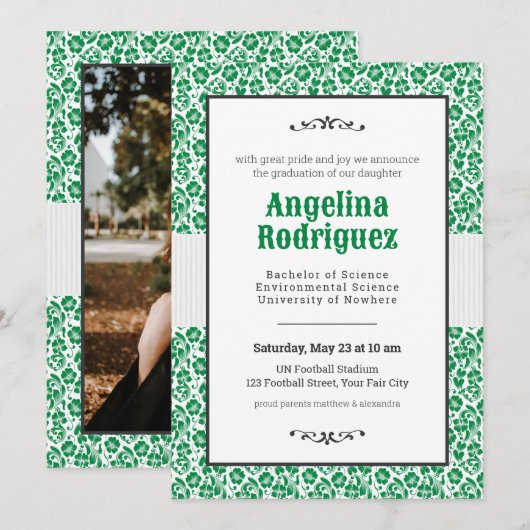 Eagle Green Floral Damask Photo Afstuderen Kaart (Voorkant / Achterkant)