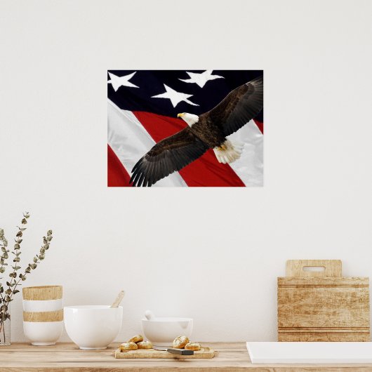 Eagle in vlucht over Amerikaanse vlag Poster (Keuken)