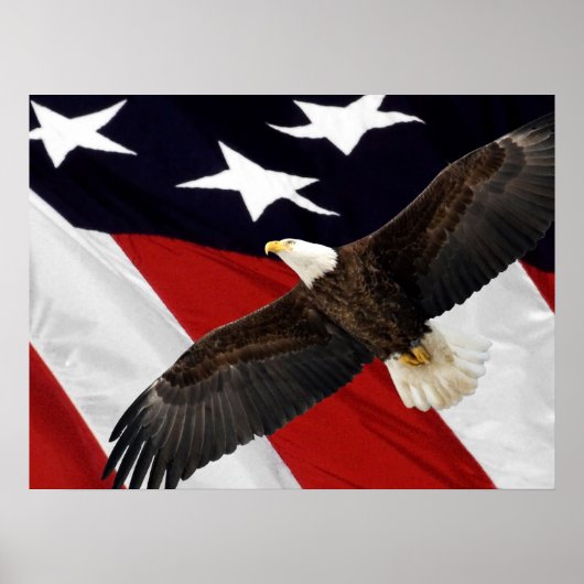 Eagle in vlucht over Amerikaanse vlag Poster (Voorkant)