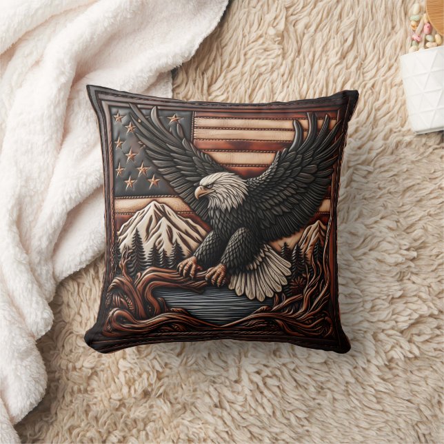 Eagle Relief Carving met Amerikaanse vlag achtergr Kussen (Deken)