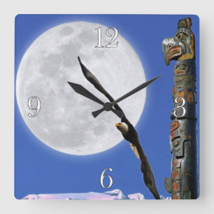 Eagle, Totem Pole en Moon Fantasy Art Clock Vierkante Klok