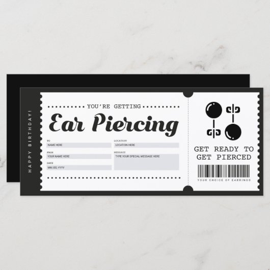 Ear Piercing Gift Voucher Certificate (Voorkant / Achterkant)