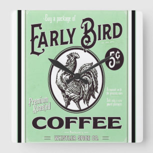  Early Bird Coffee Ad Poster Square Wall Cl Vierkante Klok