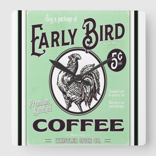  Early Bird Coffee Ad Poster Square Wall Cl Vierkante Klok (Voorkant)