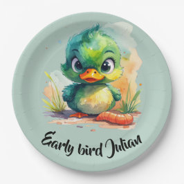 Early bird,  kleine grüne Ente fängt den Wurm Papieren Bordje