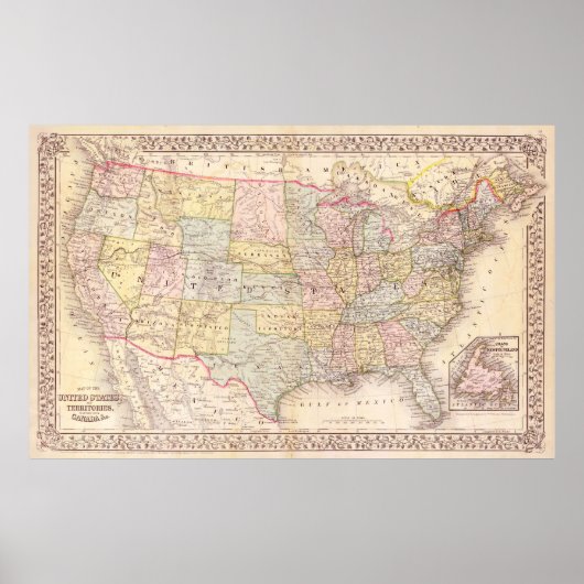 Early United States of America map, Mitchell 1867: Poster (Voorkant)
