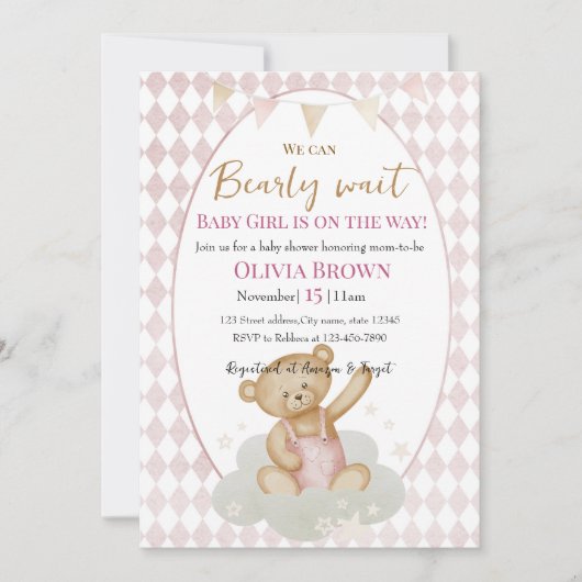 early Wait Baby Girl Shower Invitation Pink Teddy Save The Date (Voorkant)