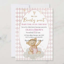 early Wait Baby Girl Shower Invitation Pink Teddy Save The Date