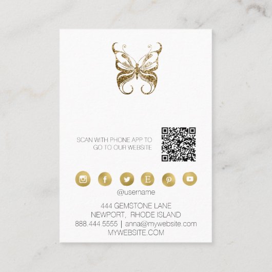 *~* EARRING DISPLAY QR Gold Glitter Butterfly Busi Visitekaartje (Achterkant)