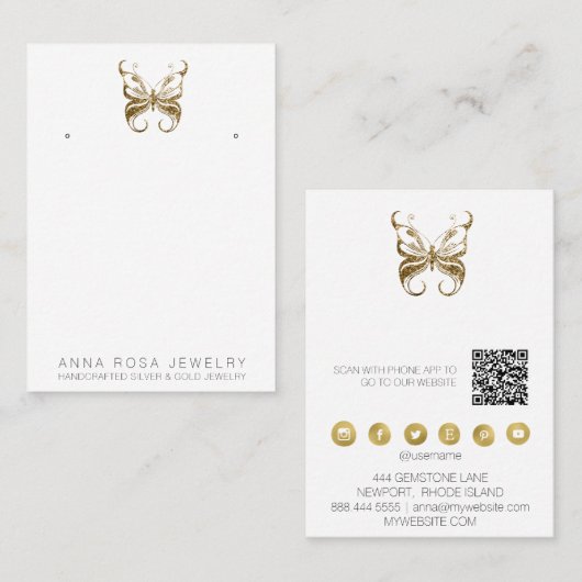 *~* EARRING DISPLAY QR Gold Glitter Butterfly Busi Visitekaartje (Voorkant / Achterkant)