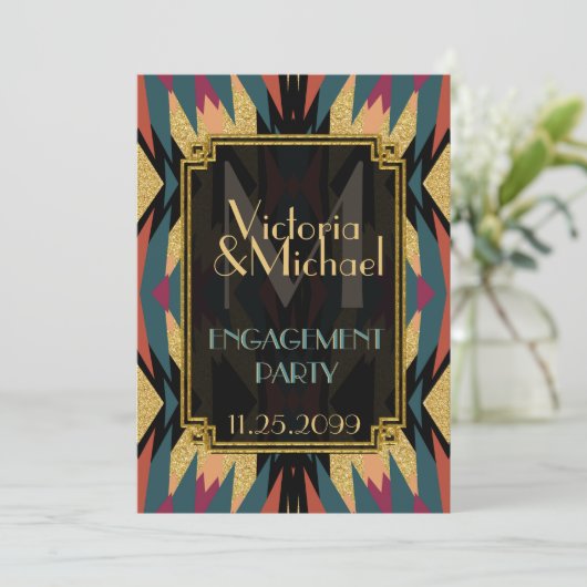Earth Aztec Modern Art Deco Engagement Party Kaart (Staand voorkant)