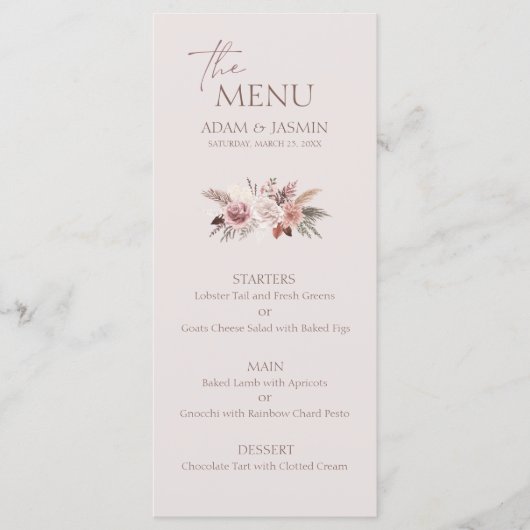 Earth Blush Pampas Floral Boho Wedding Menu (Voorkant)
