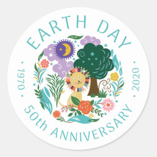 Earth Day 2020 50e Jubileum Cute Lion & Natuur Ronde Sticker