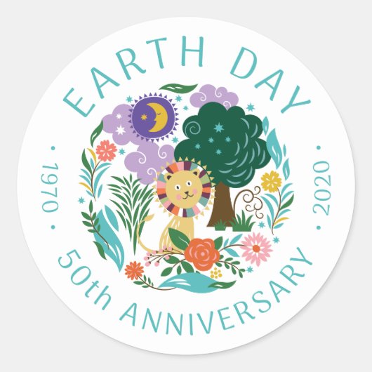 Earth Day 2020 50e Jubileum Cute Lion & Natuur Ronde Sticker (Voorkant)