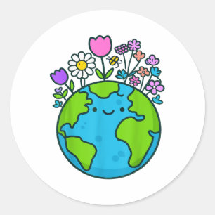Earth Day 2025 Schattigee aarde met bloemig grappi Ronde Sticker