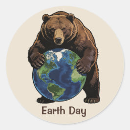 Earth Day Bear Hugging Planet Design Ronde Sticker