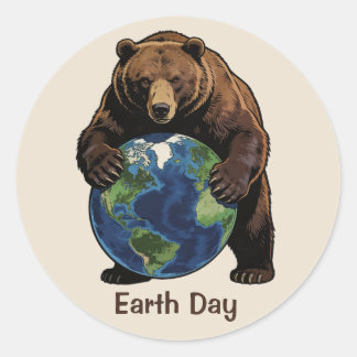 Earth Day Bear Hugging Planet Design Ronde Sticker