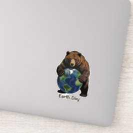 Earth Day Bear Hugging Planet Design Sticker