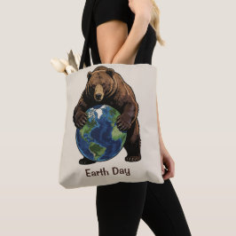 Earth Day Bear Hugging Planet Design Tote Bag