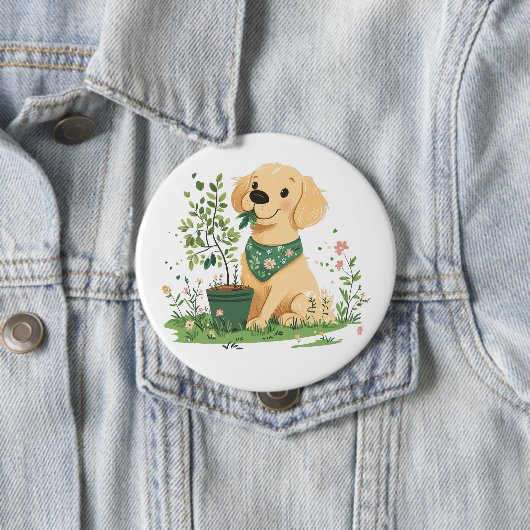 Earth Day Golden Retriever Hondentuin Ronde Button 4,0 Cm (In situ)
