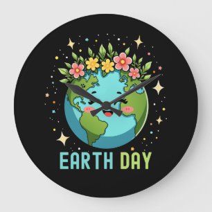 Earth Day Milieu Schattige Aarde met Bloemen Grote Klok