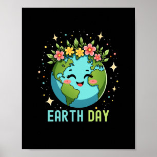 Earth Day Milieu Schattige Aarde met Bloemen Poster