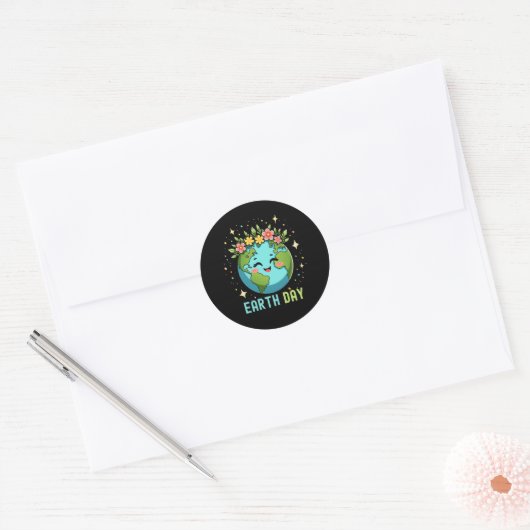 Earth Day Milieu Schattige Aarde met Bloemen Ronde Sticker (Envelop)