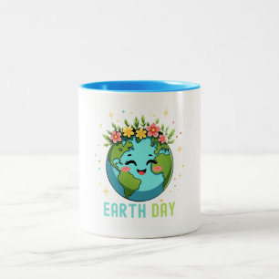 Earth Day Milieu Schattige Aarde met Bloemen Tweekleurige Koffiemok