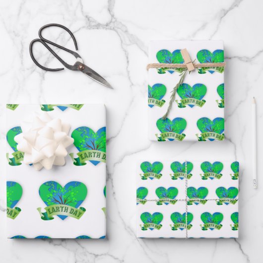 Earth Day Viering Blauw Groen Hart Flat Inpakpapier Vel (Voorkant)