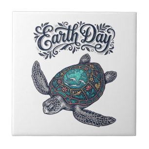 Earth Day Zeeschildpad Vintage Gravure Shirt Ontwe Tegeltje