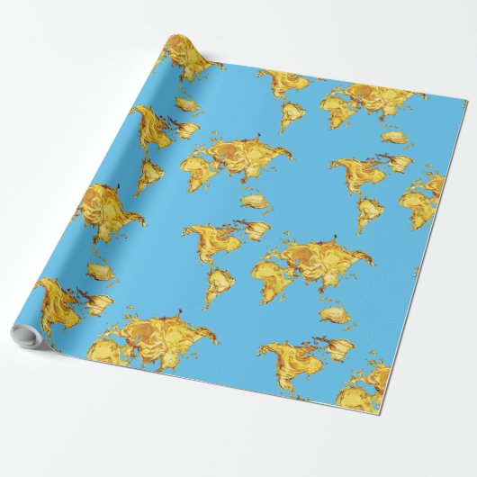 Earth Gold Continents Ontwerp Blauw Zee Cadeaupapier (Uitgerold)
