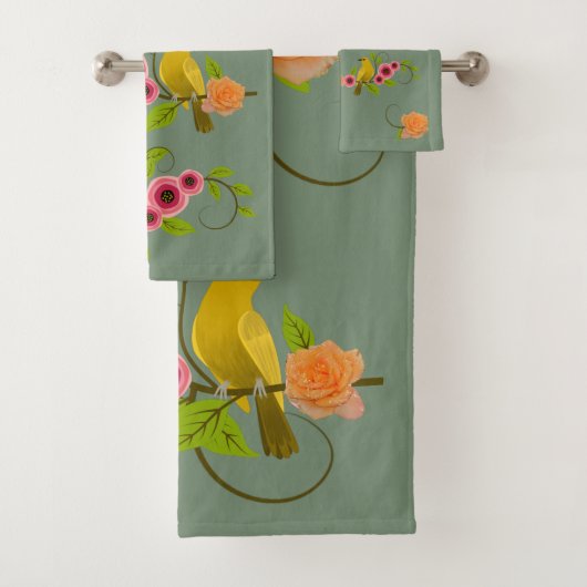 Earth Green - Bird & Yellow Rose Bad Handdoek (Insitu)