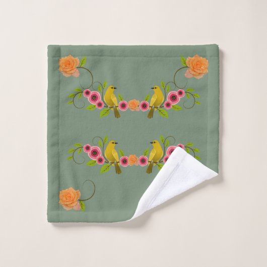Earth Green - Bird & Yellow Rose Bad Handdoek (Wasdoekje)