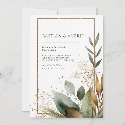 Earth Green & Gold Minimalistische Leaf Wedding Kaart (Voorkant)