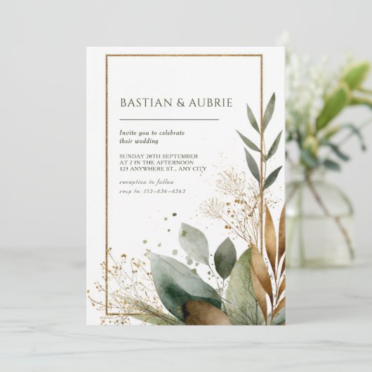 Earth Green & Gold Minimalistische Leaf Wedding Kaart (Staand voorkant)