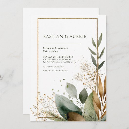Earth Green & Gold Minimalistische Leaf Wedding Kaart (Voorkant / Achterkant)